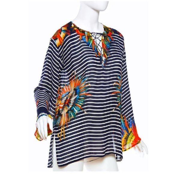 Vintage JEAN PAUL GAULTIER SOLEIL Striped Tunic w/Parrot Feather Printed Accents - Picture 5 of 6